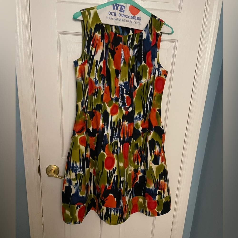 Vintage 90s Calvin Klein Sleeveless Abstract Print Dress in Olive, Navy & Coral